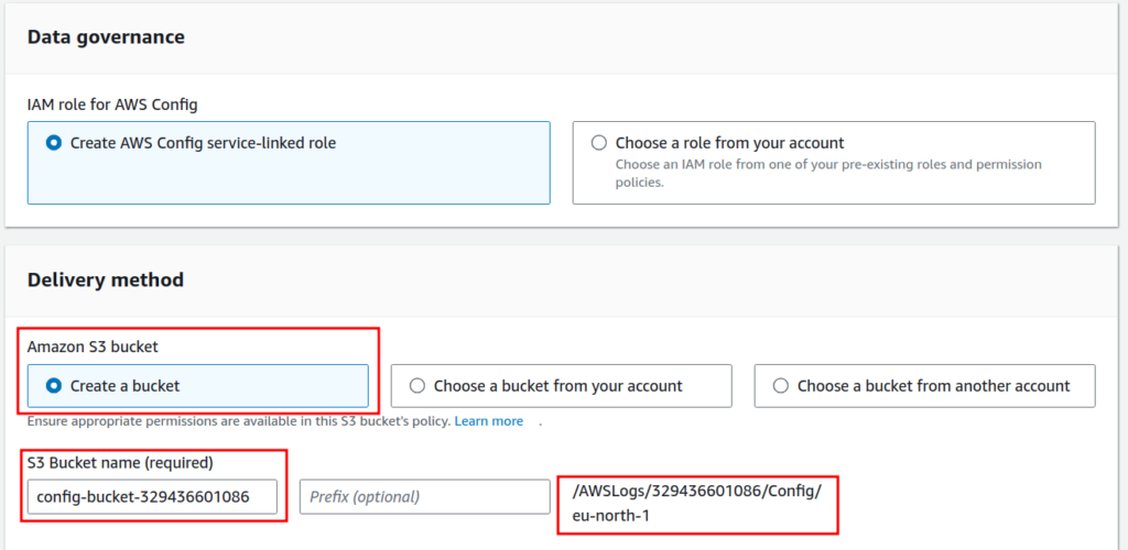 Enabling AWS Config: Data governance and delivery method
