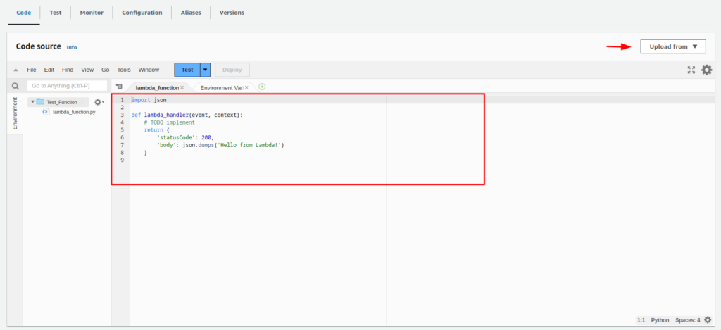 Creating AWS Lambda Function: Writing code