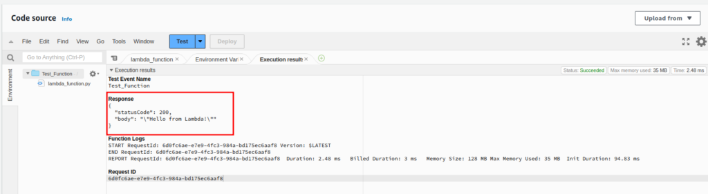 Successful creation of AWS lambda funciton