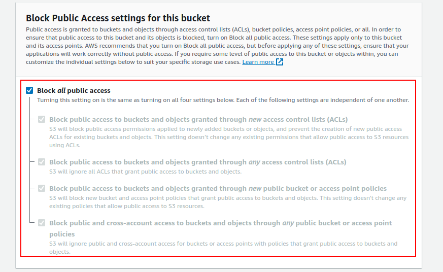 Creating S3 bucket: Block Public Access settings for this bucket