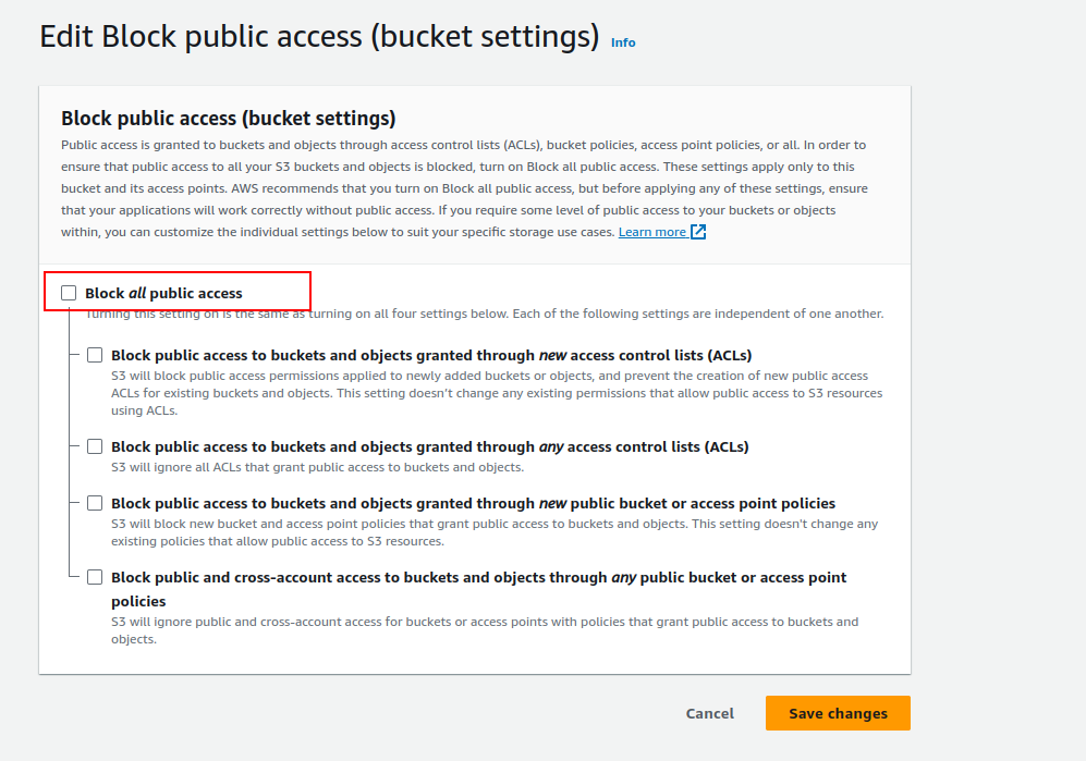 Unblocking S3 bucket public access