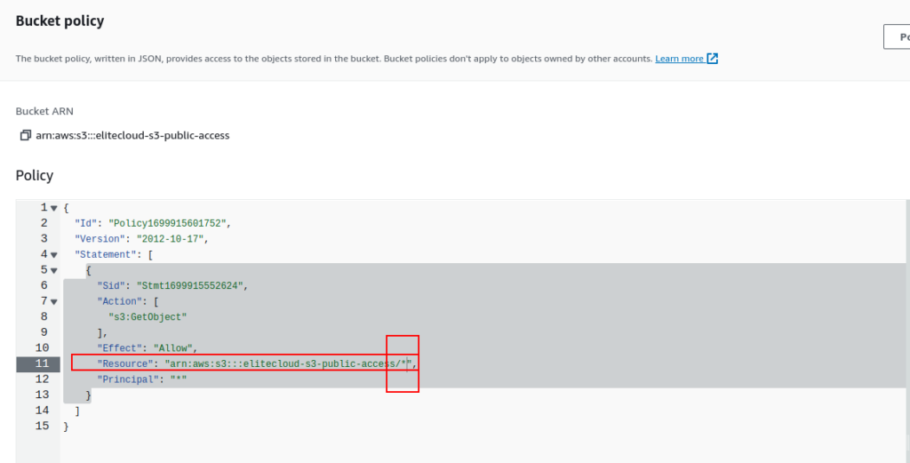 Creating Bucket policy for S3 public: Policy JSON Document Pasting