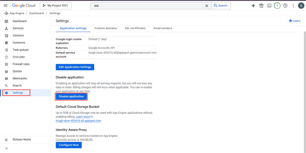 Disabling Google App Engine