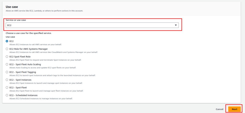 IAM Role creation: Selecting use case