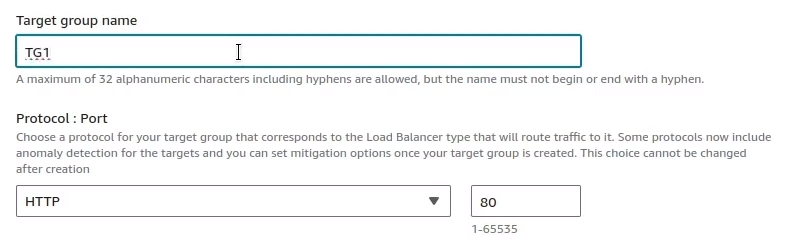 Creating a Application Load Balancer: Specifying Target group name and port
