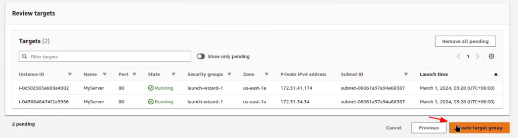 Creating a Application Load Balancer: Finalizing targets for target group