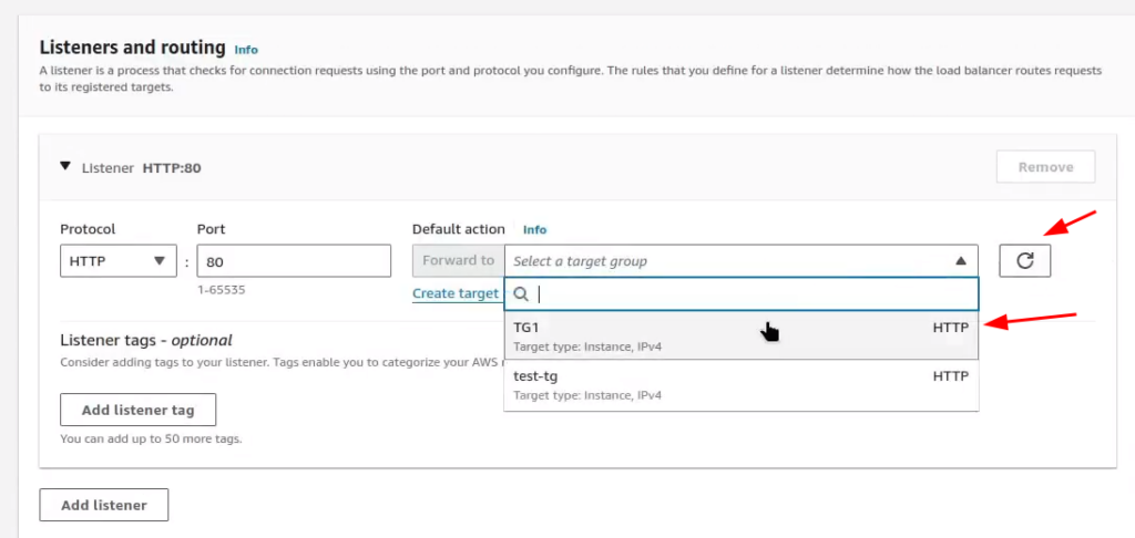 Creating a Application Load Balancer: Selecting target group