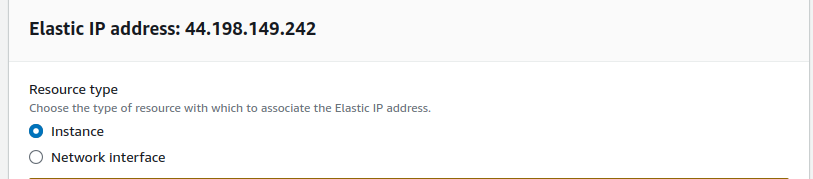 Associating Elastic IP: Selecting the resource type
