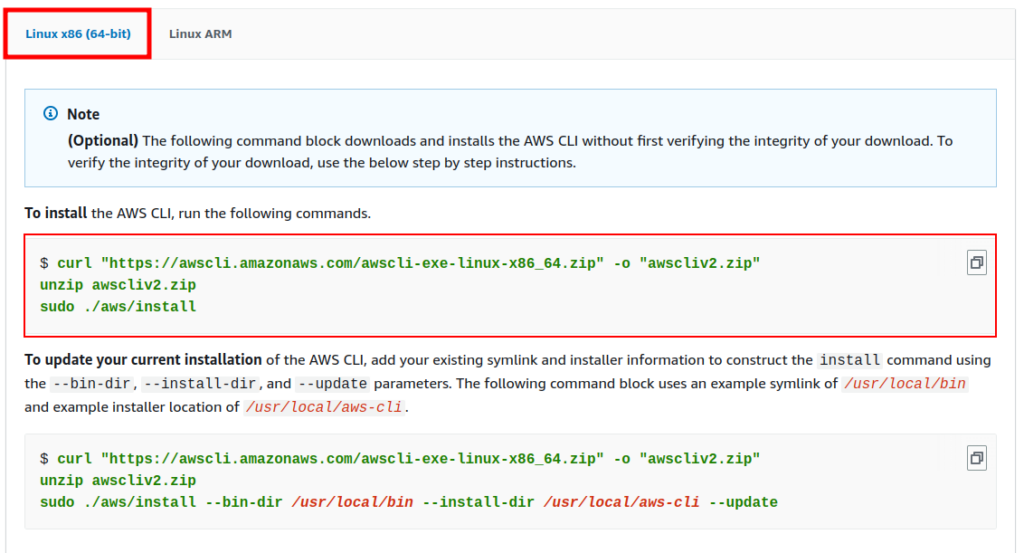 Following instruction for aws cli installation