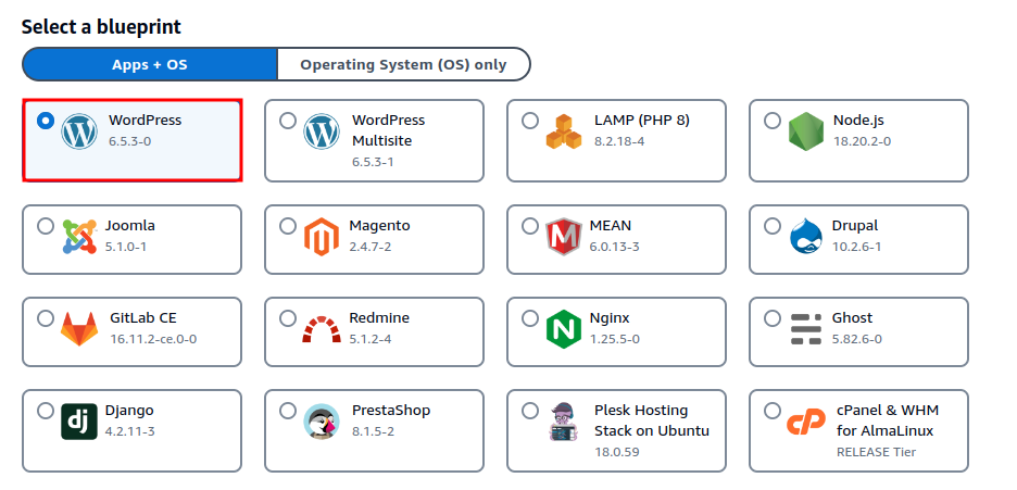 Create a WordPress Instance on AWS Lightsail: Choosing a blueprint 
