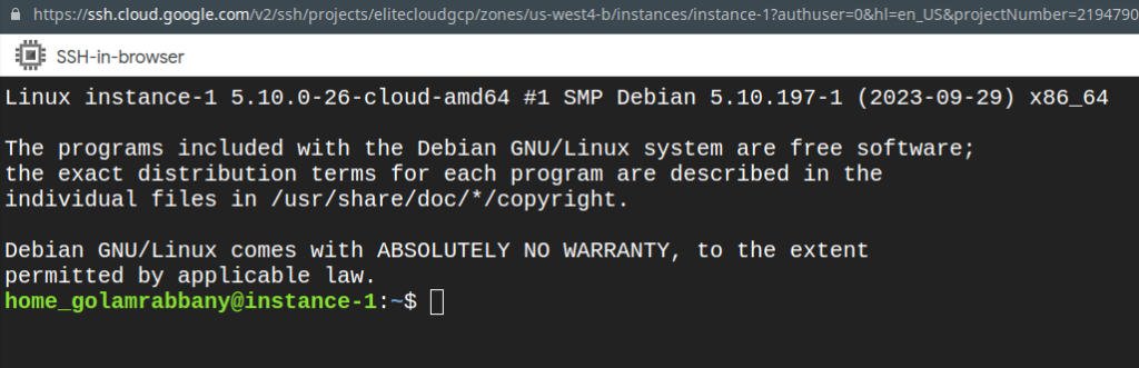 successful connection with the instance using SSH