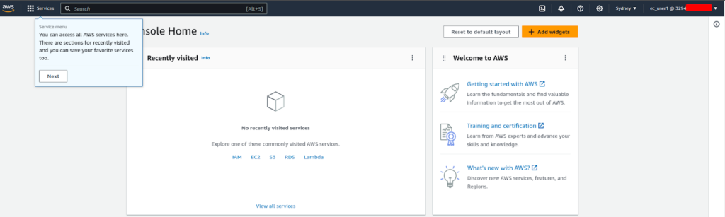 Successful Login to the IAM User