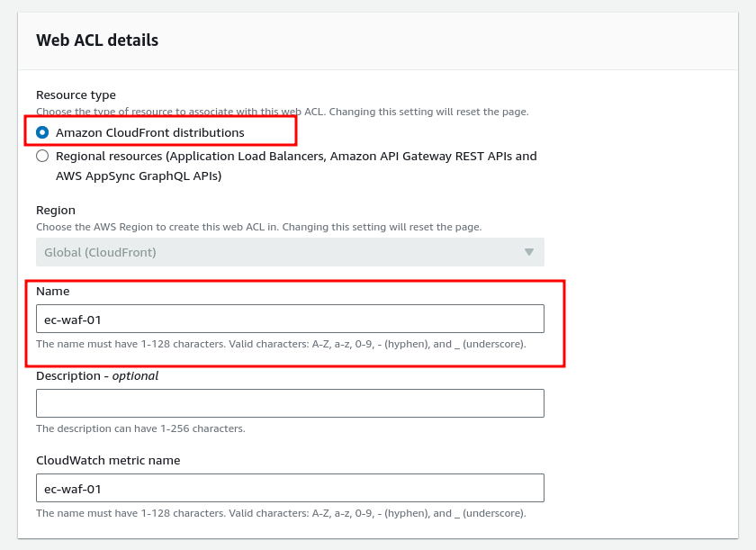 Creating Web ACL step 1