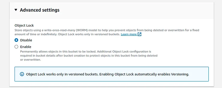 Creating S3 bucket: Advanced settings