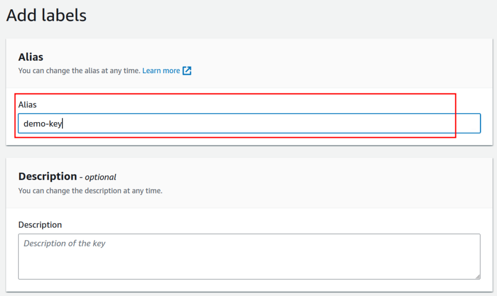 Creating AWS KMS key: Adding Alias