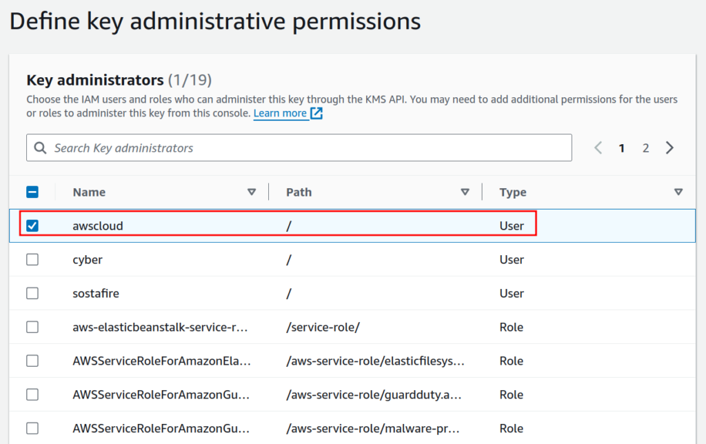 Creating AWS KMS key: Defining key administrative permissions