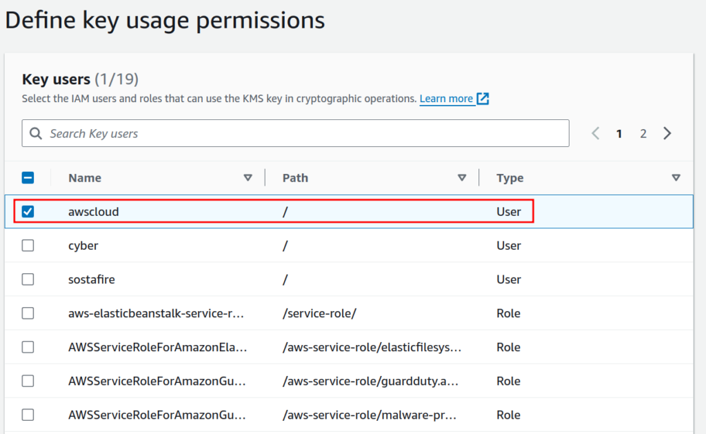 Creating AWS KMS key: Defining key usage permissions