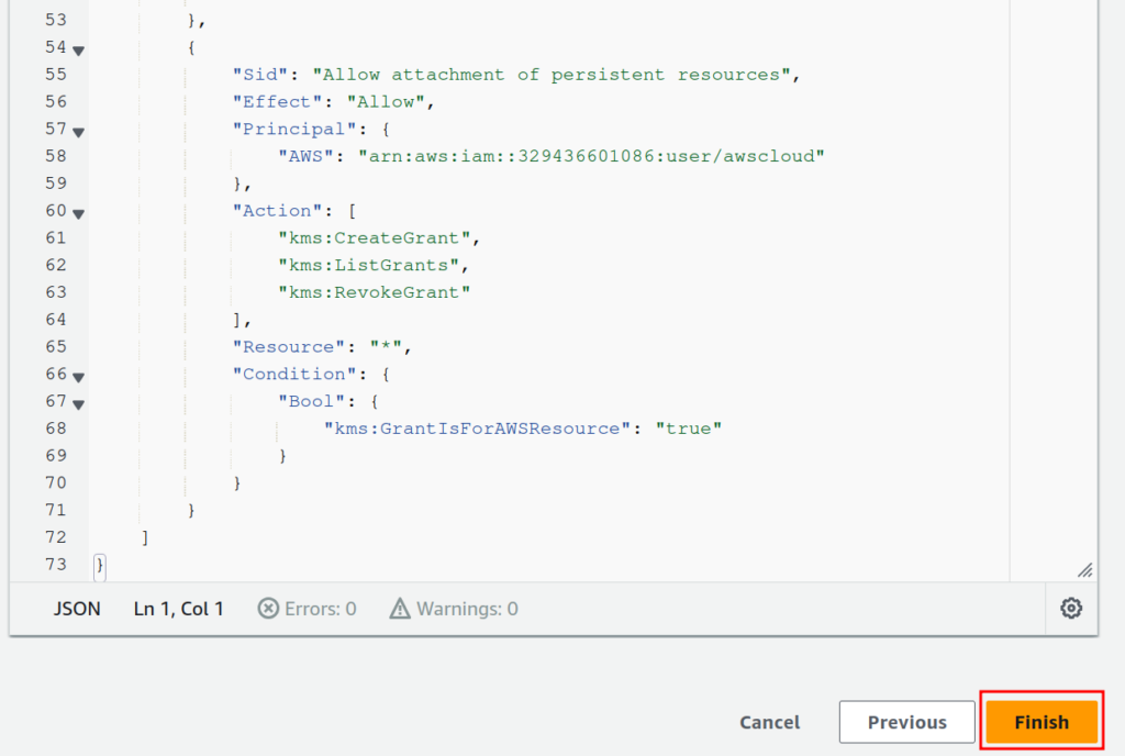Creating AWS KMS key: JSON Rules policy