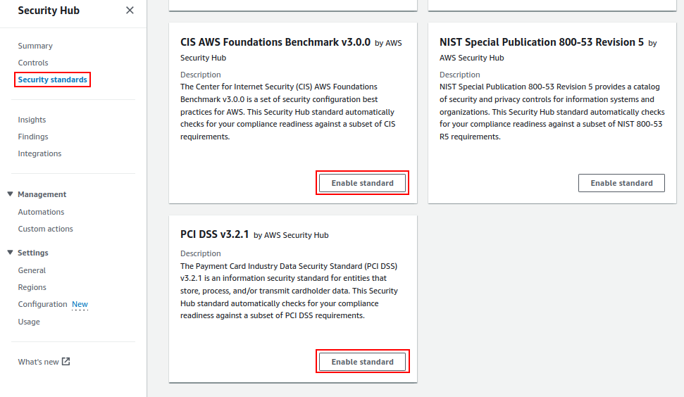 Enabling standards in AWS Security Hub