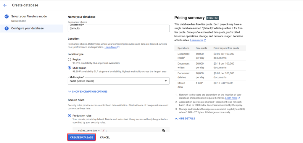 Review everything and click on create database