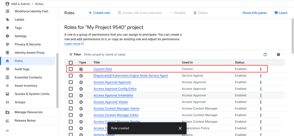 Custom role successfully created