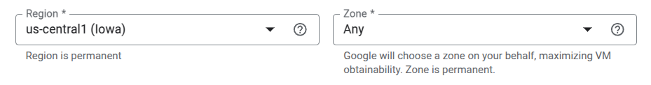 Select region and zone